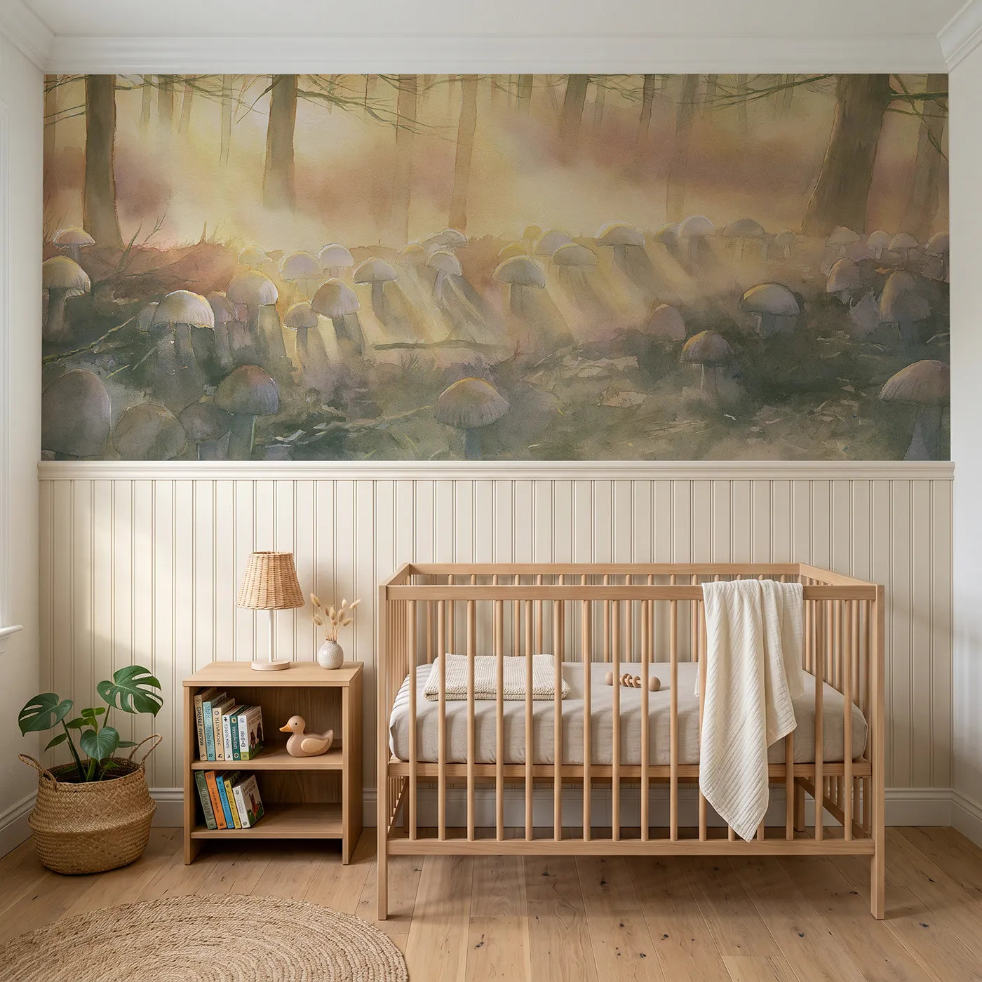 Watercolor wainscoting wallpaper of caps in the last light by Whimsy Tots