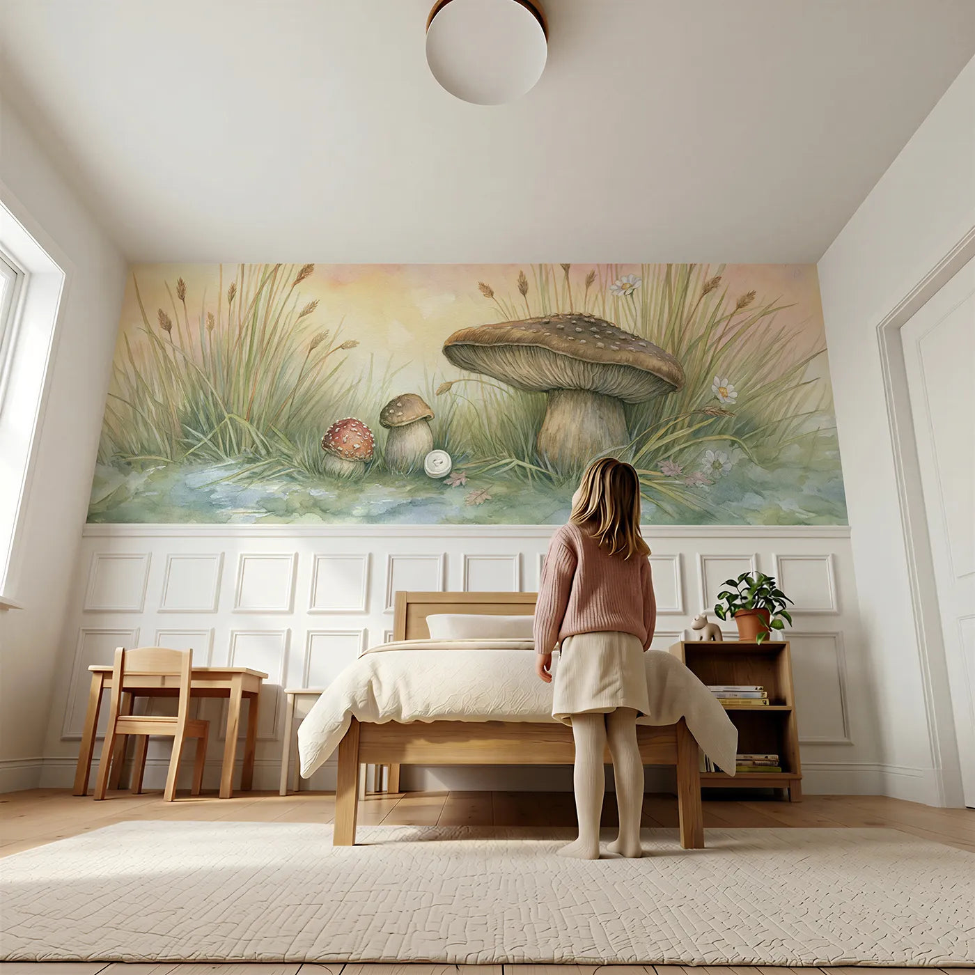 Child reading near The Biggest And The Smallest Wainscoting Wallpaper by Whimsy Tots