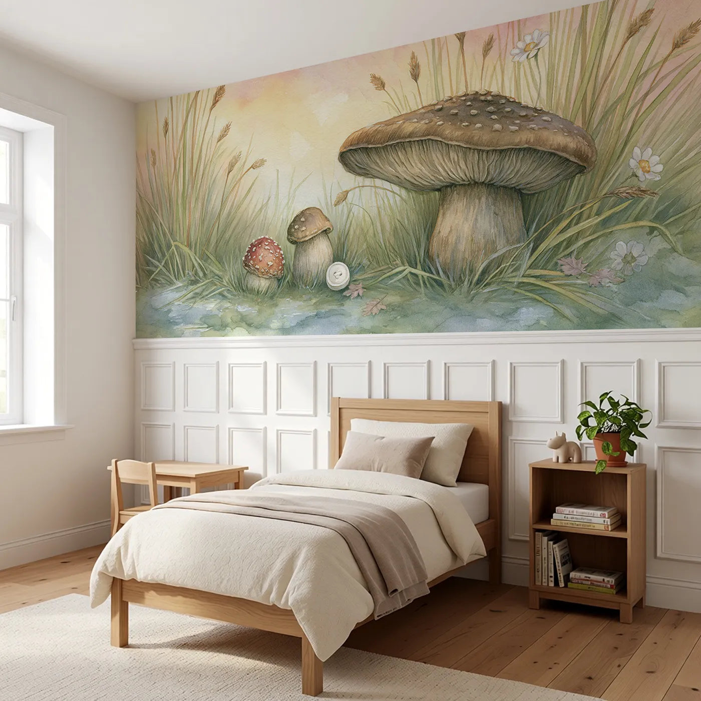 The Biggest And The Smallest Wainscoting Wallpaper styled in a kids room by Whimsy Tots