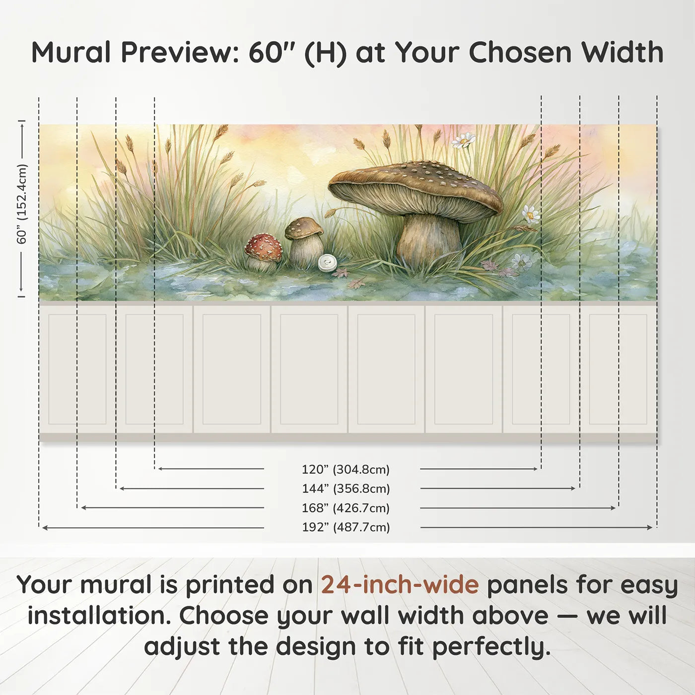 Panel dimensions for The Biggest And The Smallest Wainscoting Wallpaper by Whimsy Tots