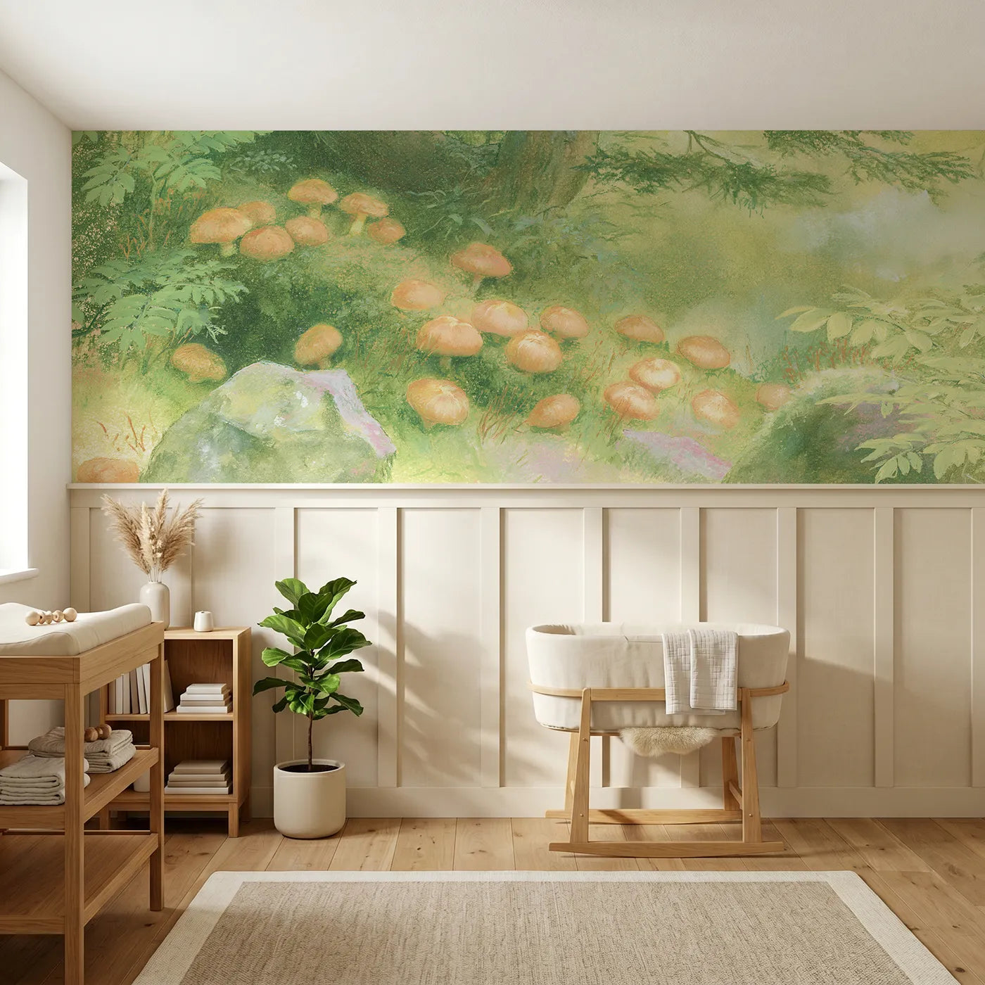 Soft pastel wainscoting wallpaper of penny buns in the moss by Whimsy Tots