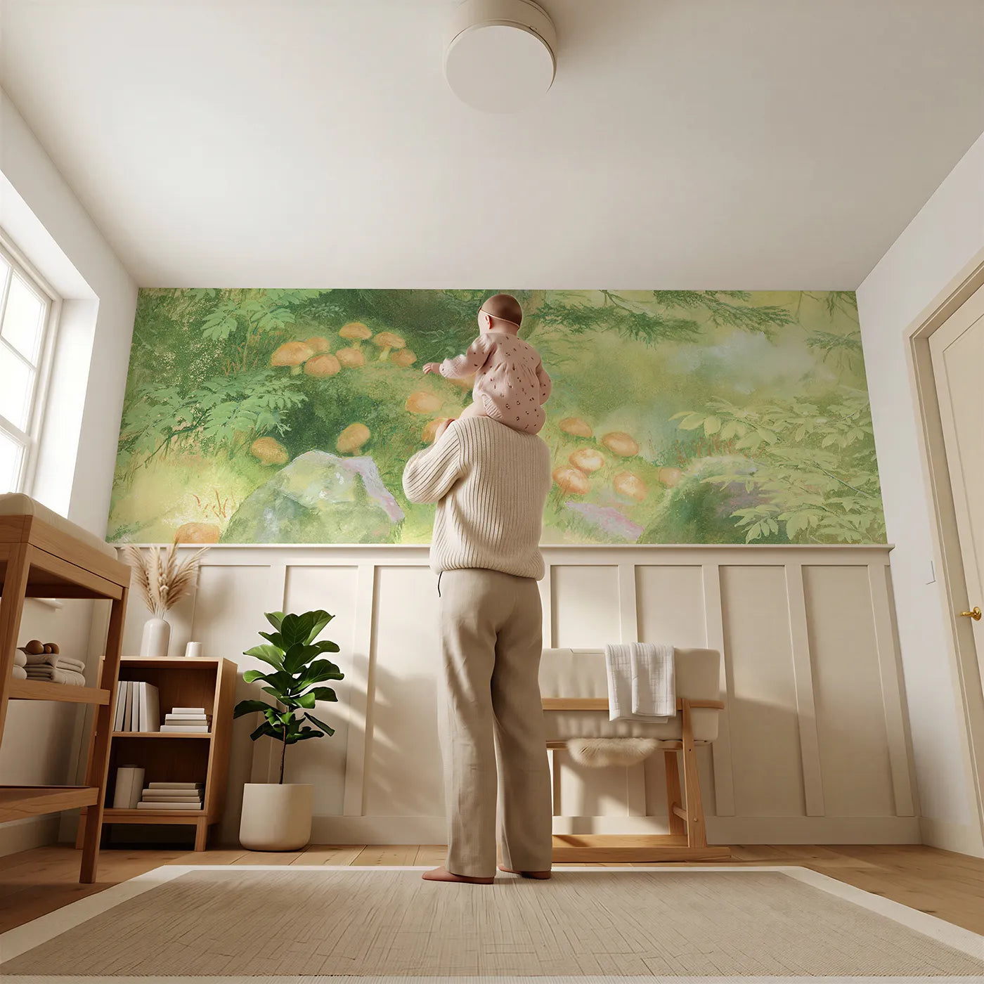 Child reading near Penny Buns In The Moss Wainscoting Wallpaper by Whimsy Tots