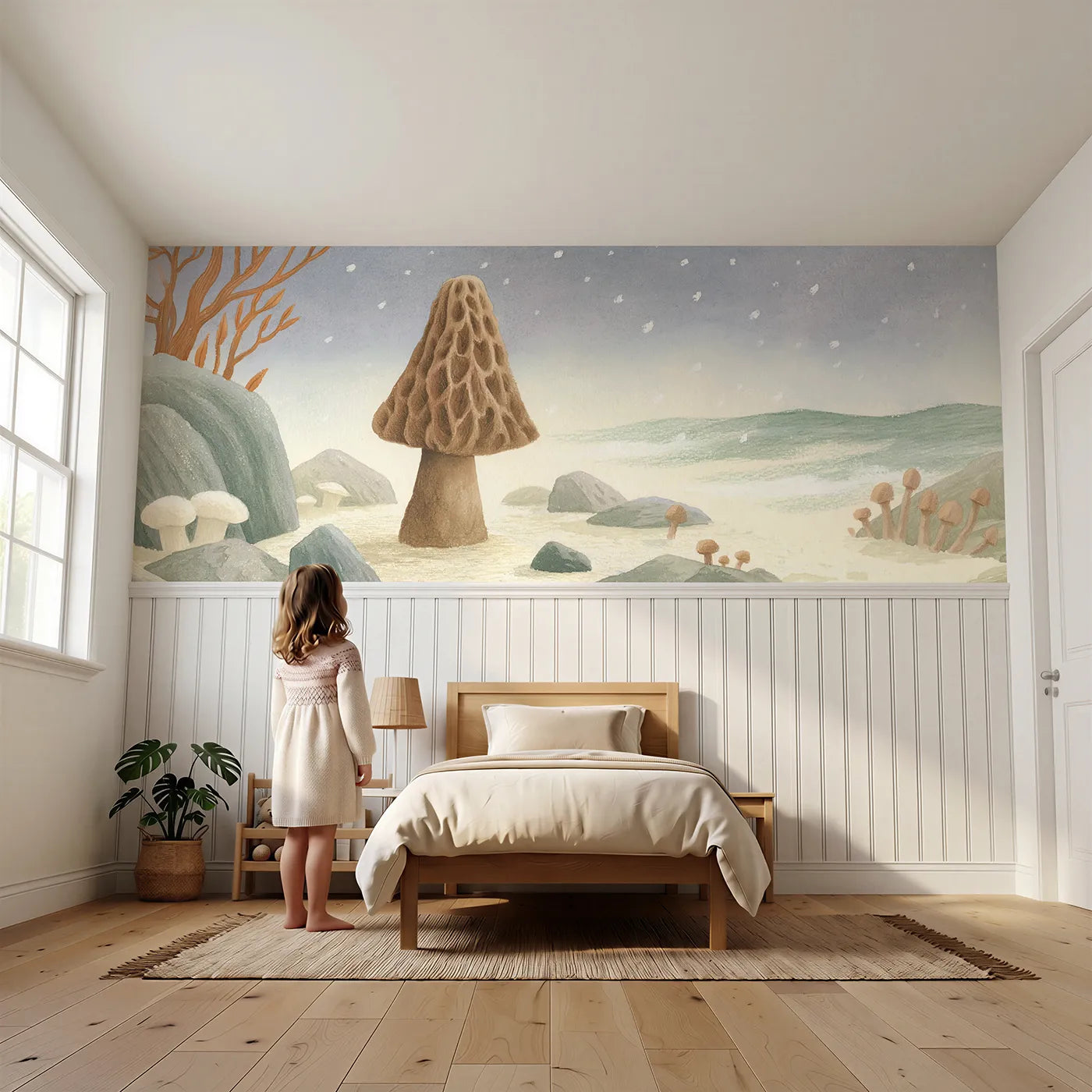 Child reading near The Morels Wrinkled Hood Wainscoting Wallpaper by Whimsy Tots