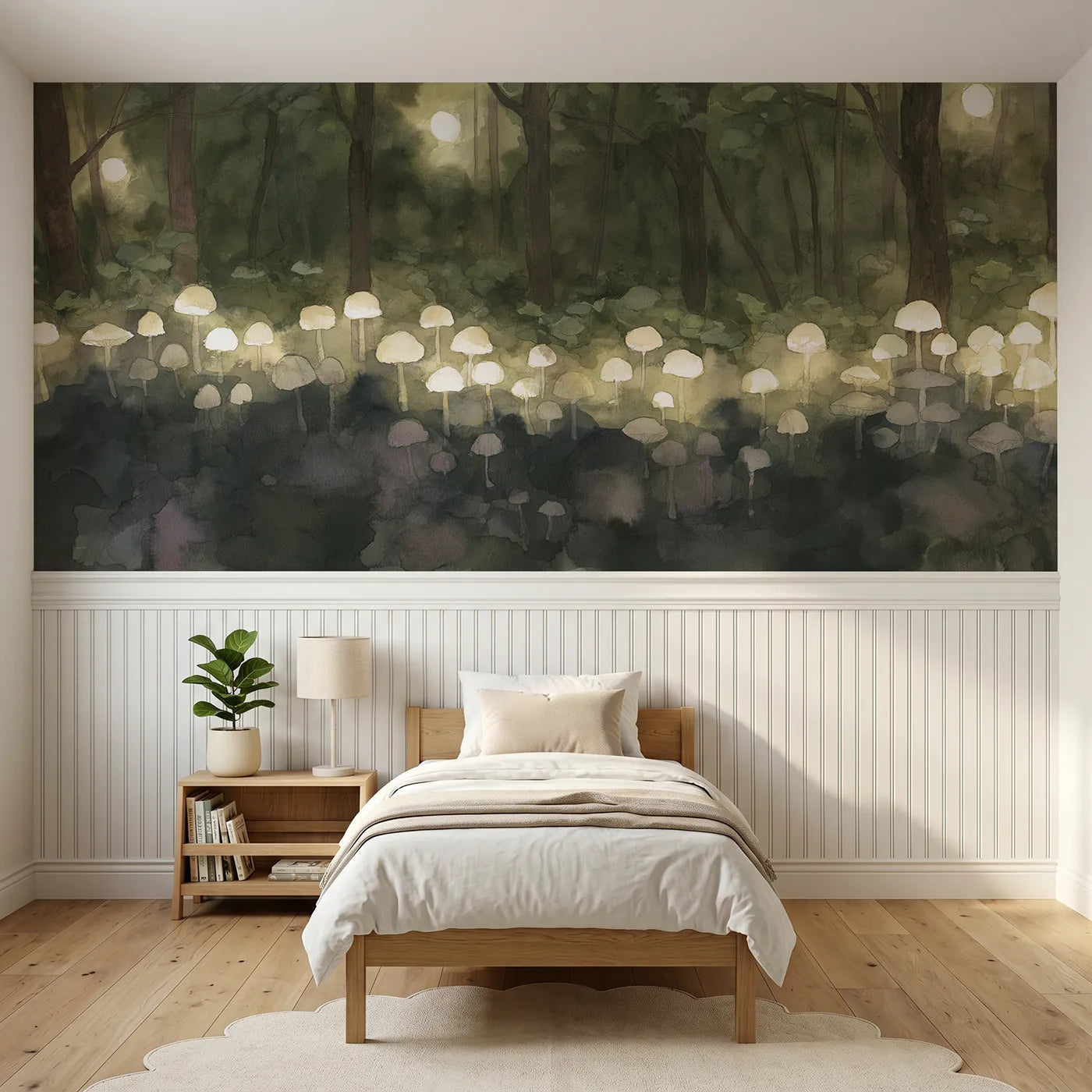 Watercolor wainscoting wallpaper of small moons come down by Whimsy Tots