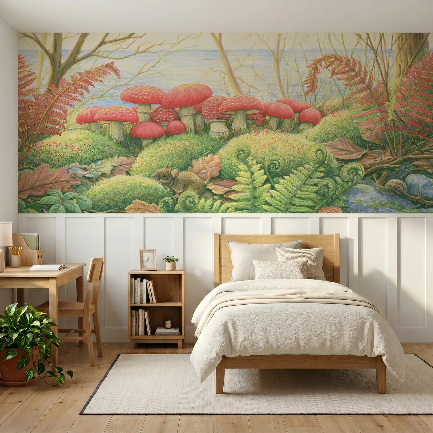 Colored pencil wainscoting wallpaper of the toadstool ring by Whimsy Tots