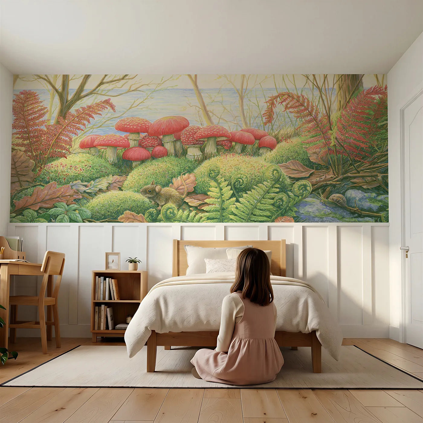 Child reading near The Toadstool Ring Wainscoting Wallpaper by Whimsy Tots