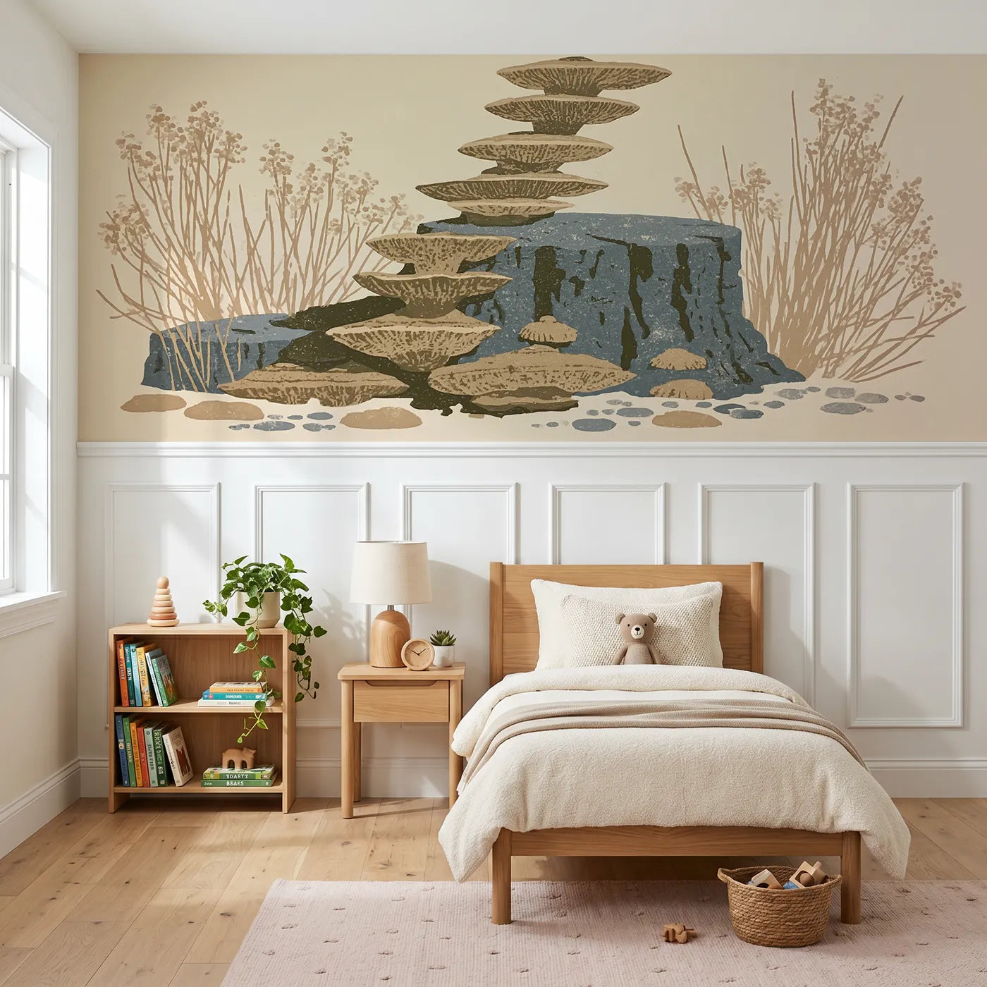 Block print wainscoting wallpaper of the bracket shelves by Whimsy Tots
