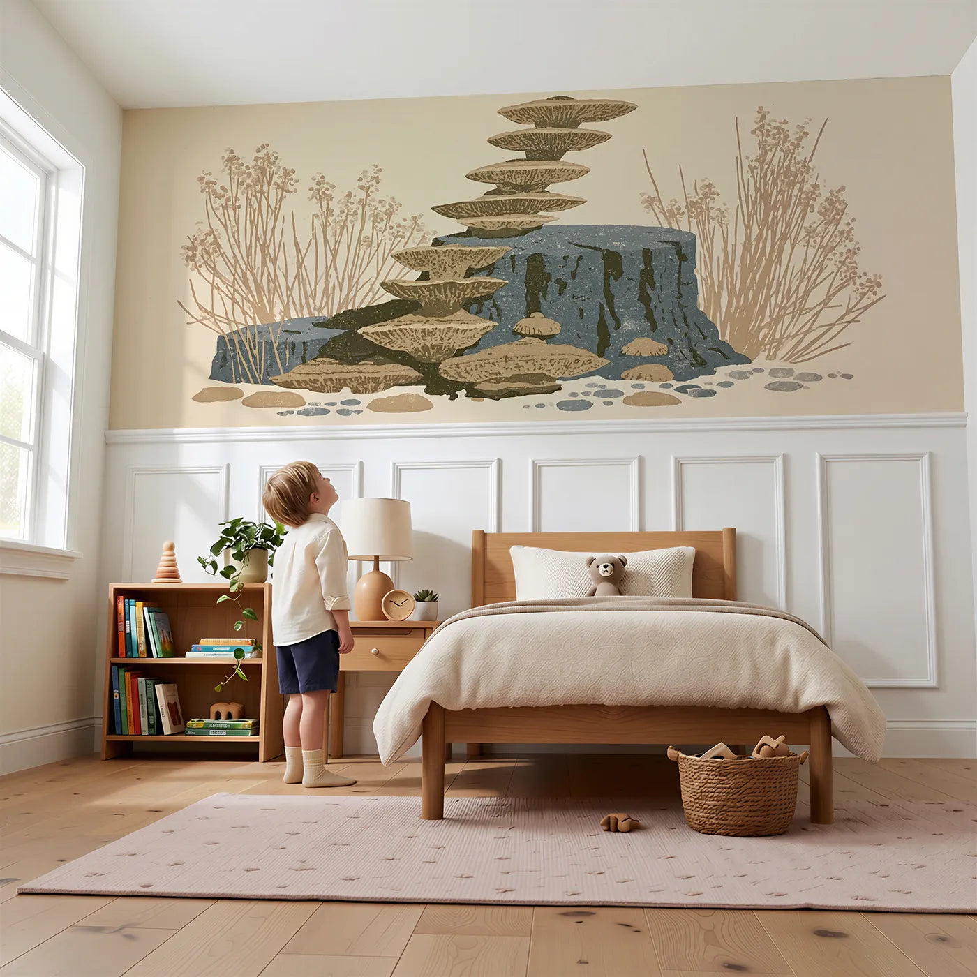 Child reading near The Bracket Shelves Wainscoting Wallpaper by Whimsy Tots