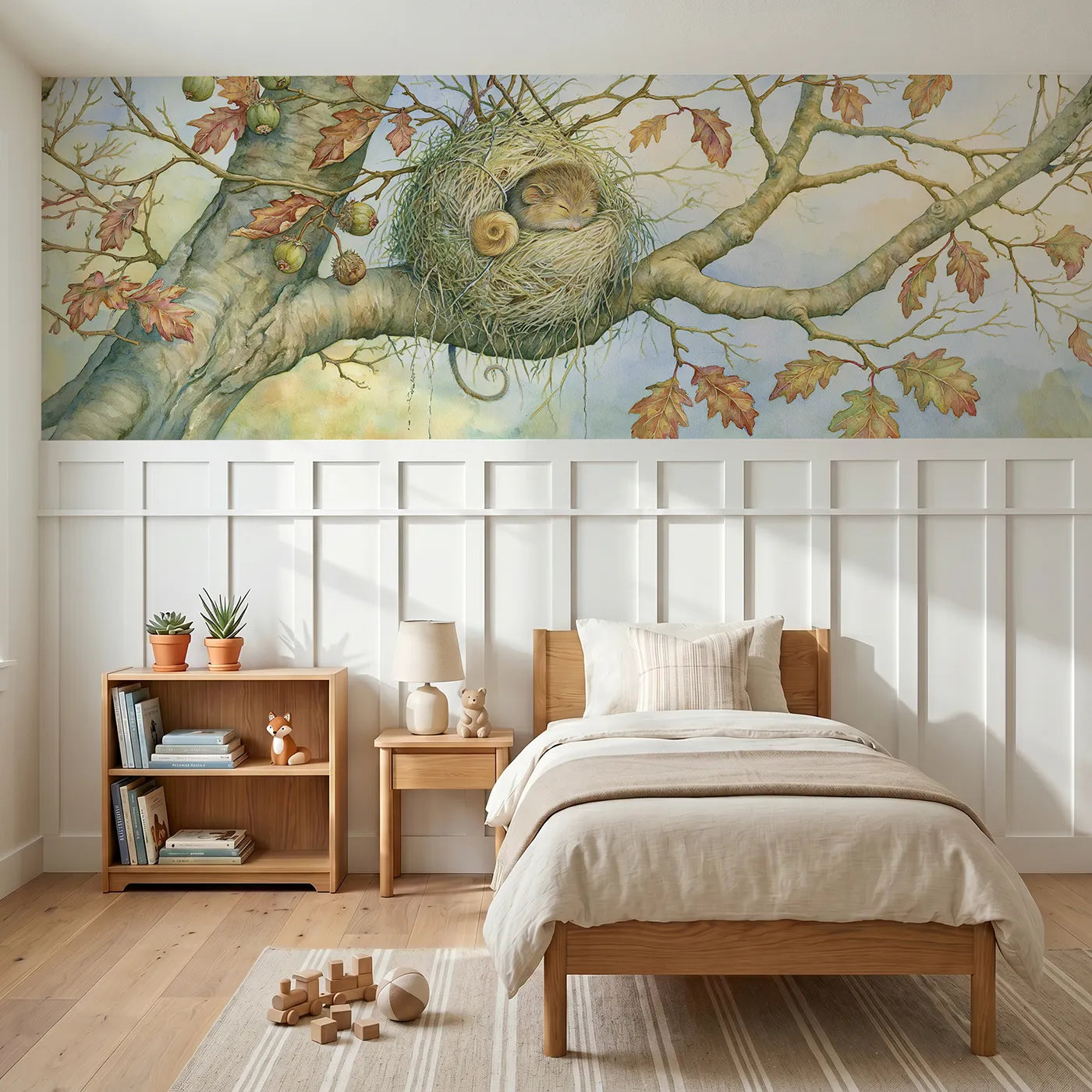 Storybook wainscoting wallpaper of asleep in the woven ball by Whimsy Tots