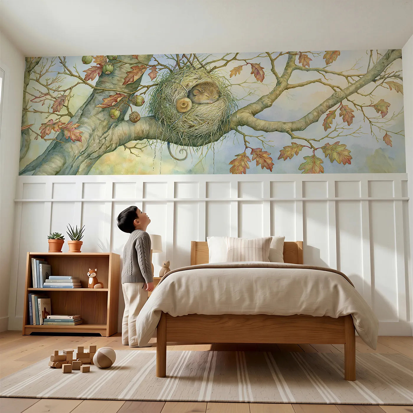 Child reading near Asleep In The Woven Ball Wainscoting Wallpaper by Whimsy Tots