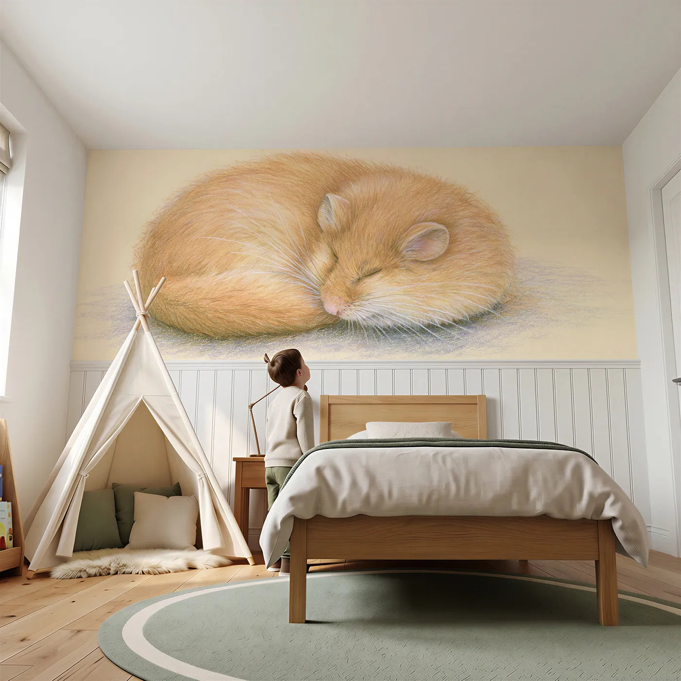 Child reading near Ears Folded Down Wainscoting Wallpaper by Whimsy Tots