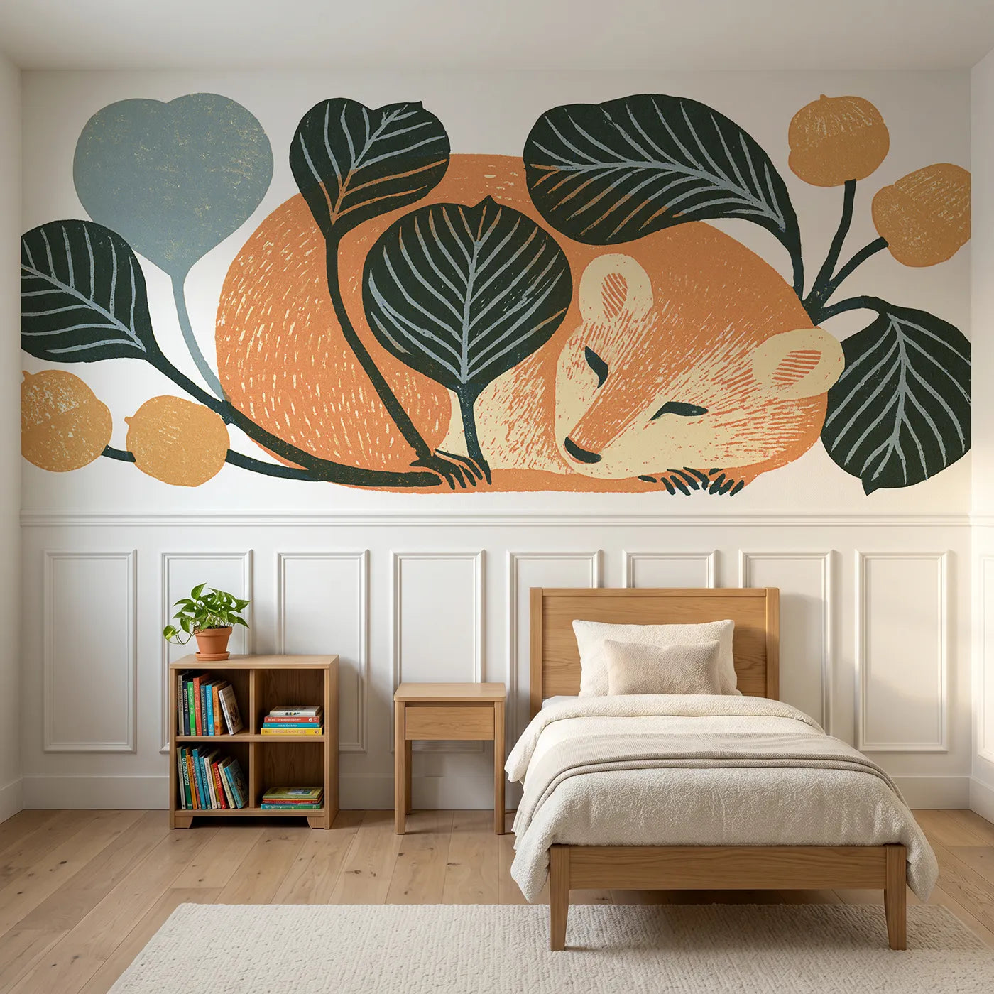 Block print wainscoting wallpaper of the carved sleeper by Whimsy Tots