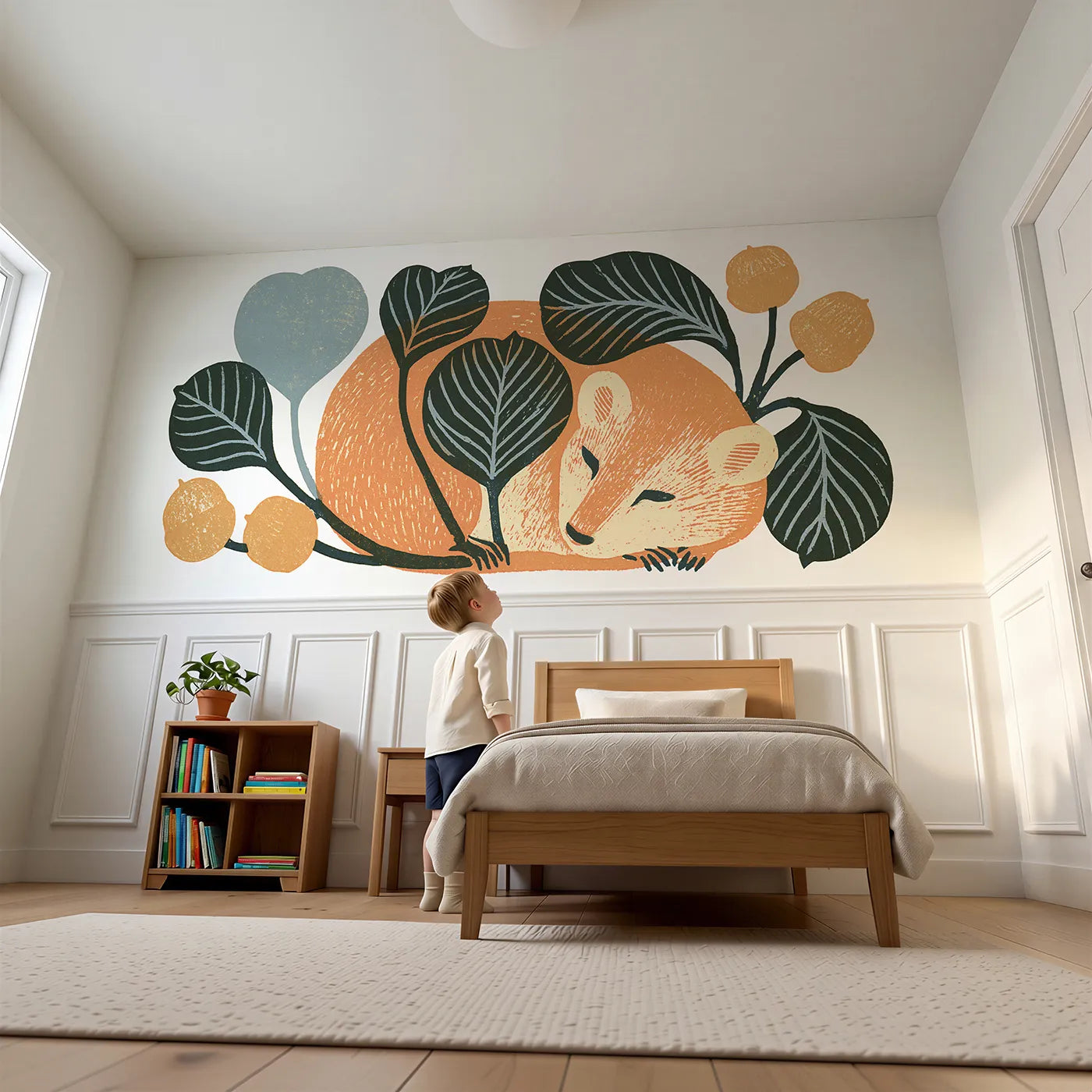 Child reading near The Carved Sleeper Wainscoting Wallpaper by Whimsy Tots
