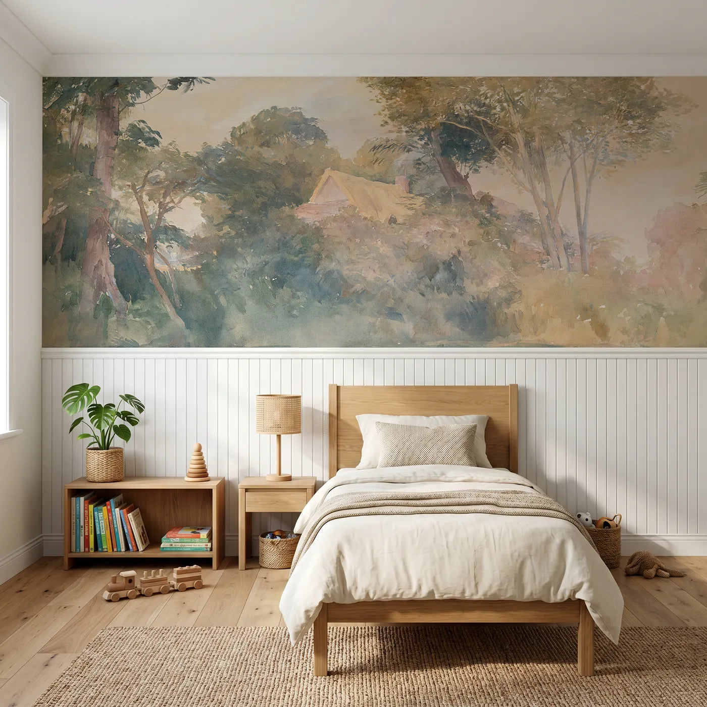 Watercolor wainscoting wallpaper of the roof among the trees by Whimsy Tots