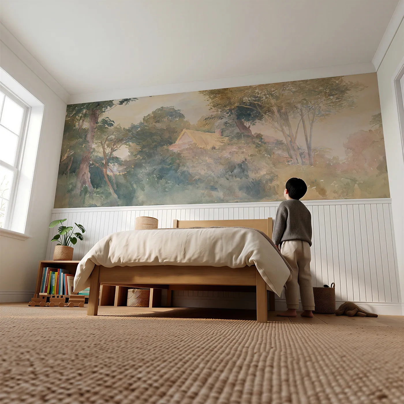 Child reading near The Roof Among The Trees Wainscoting Wallpaper by Whimsy Tots