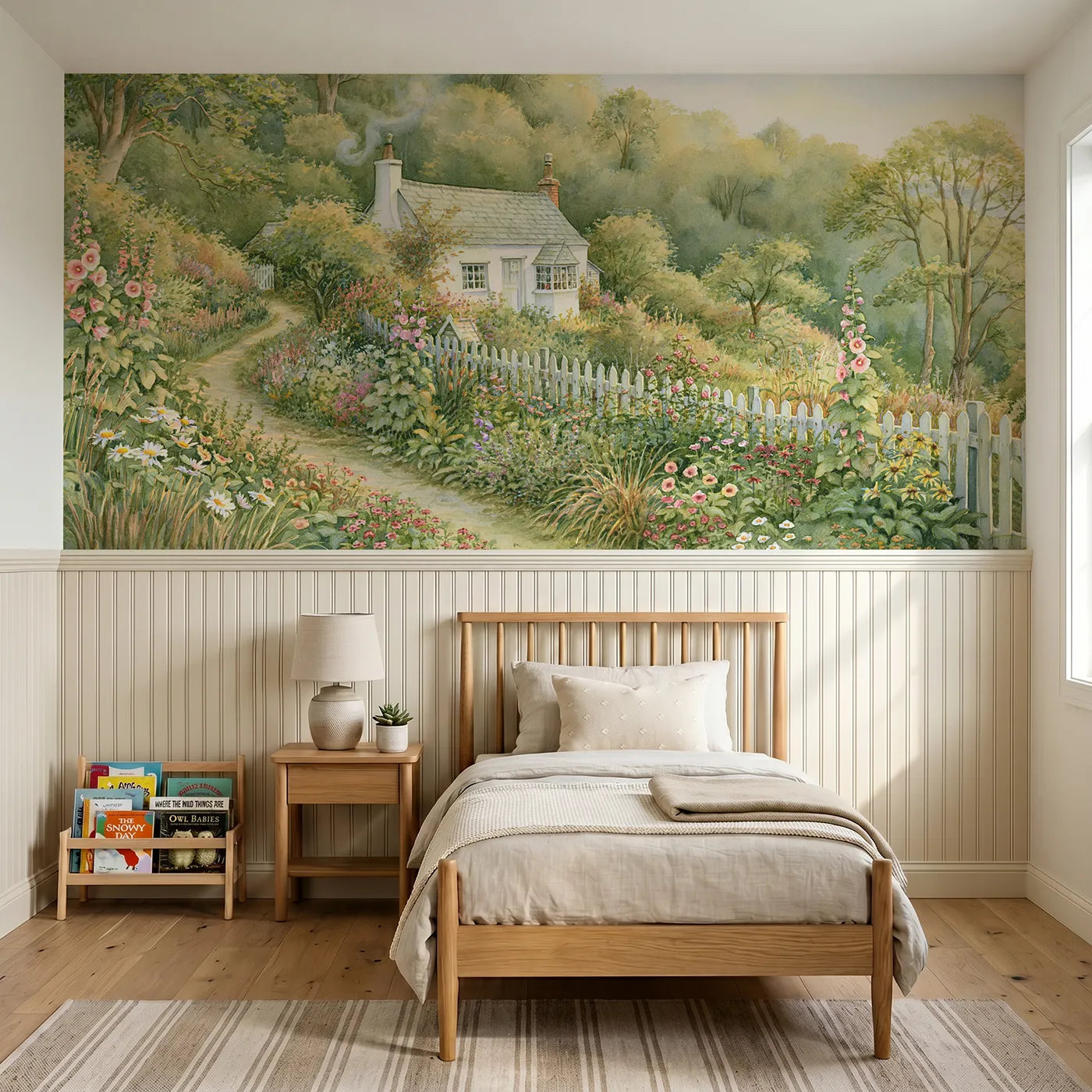 Storybook wainscoting wallpaper of the cottage by the wood by Whimsy Tots