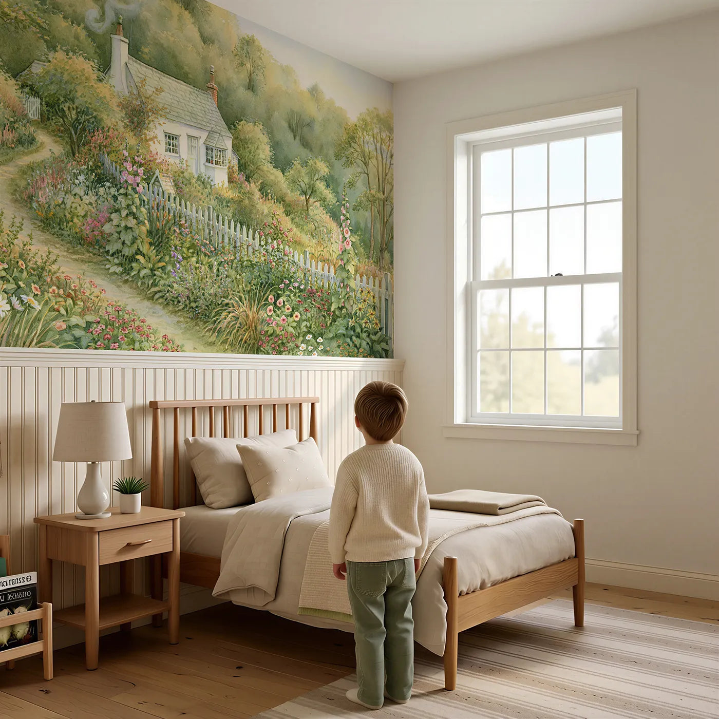 Child reading near The Cottage By The Wood Wainscoting Wallpaper by Whimsy Tots