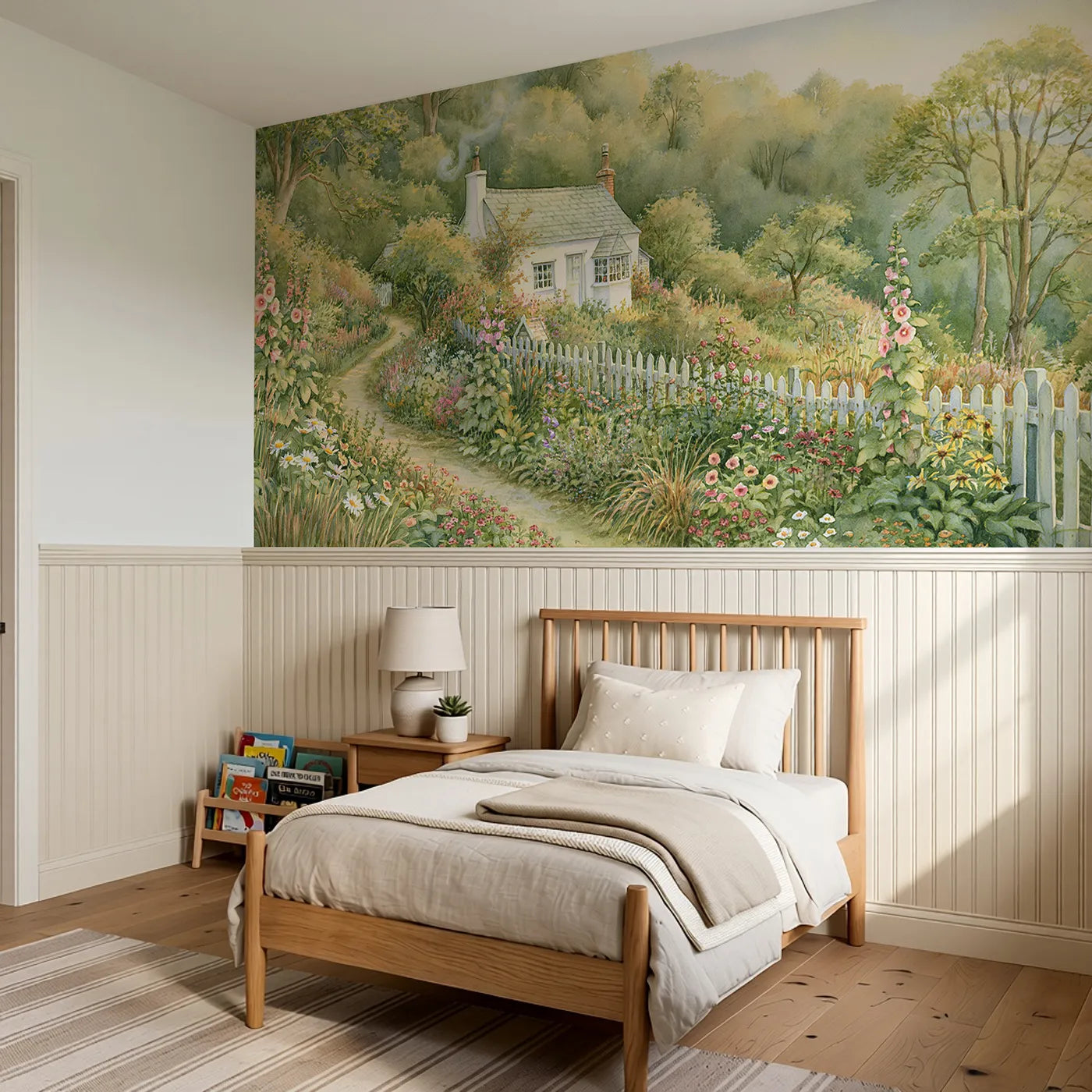 The Cottage By The Wood Wainscoting Wallpaper styled in a kids room by Whimsy Tots