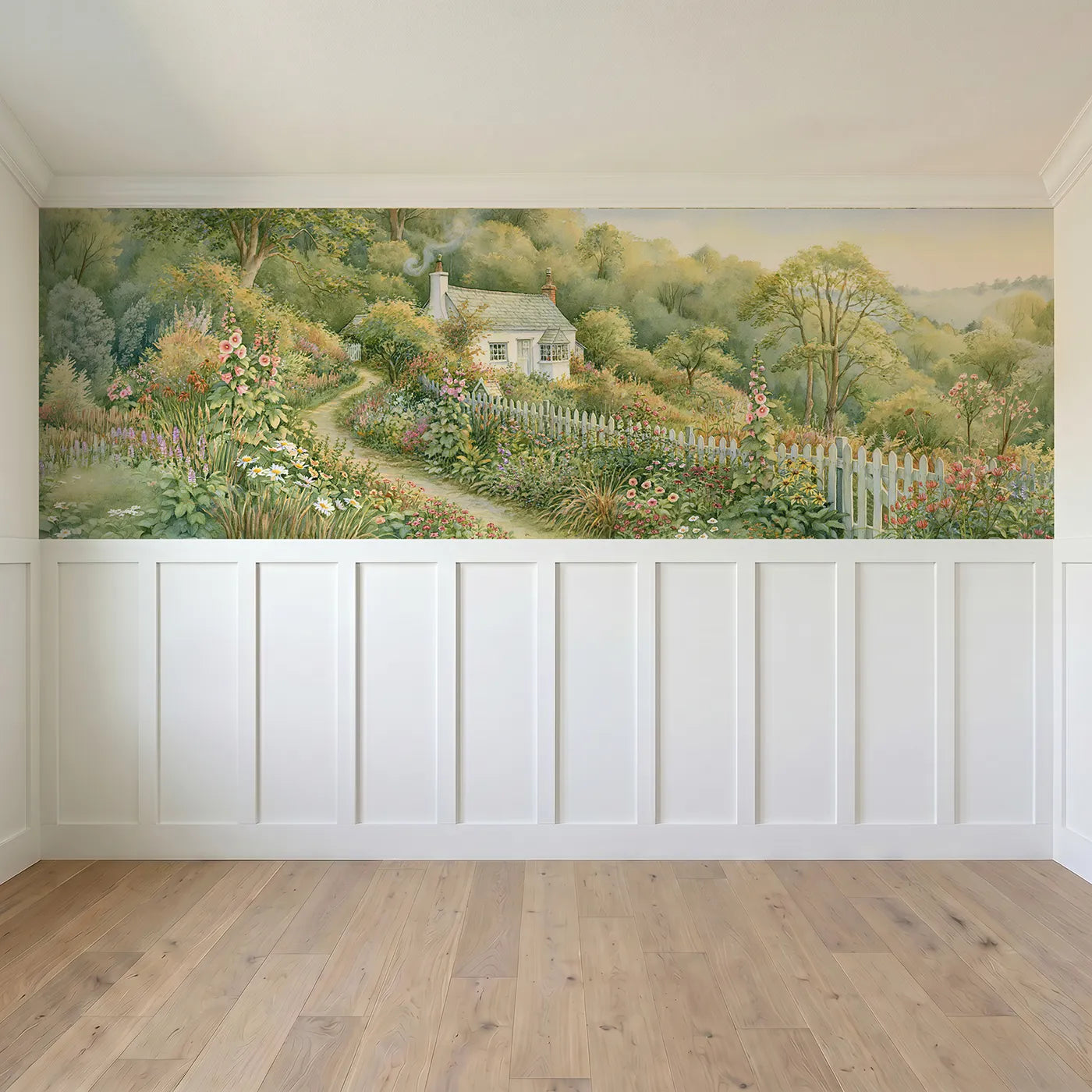 Full panel view of The Cottage By The Wood Wainscoting Wallpaper by Whimsy Tots