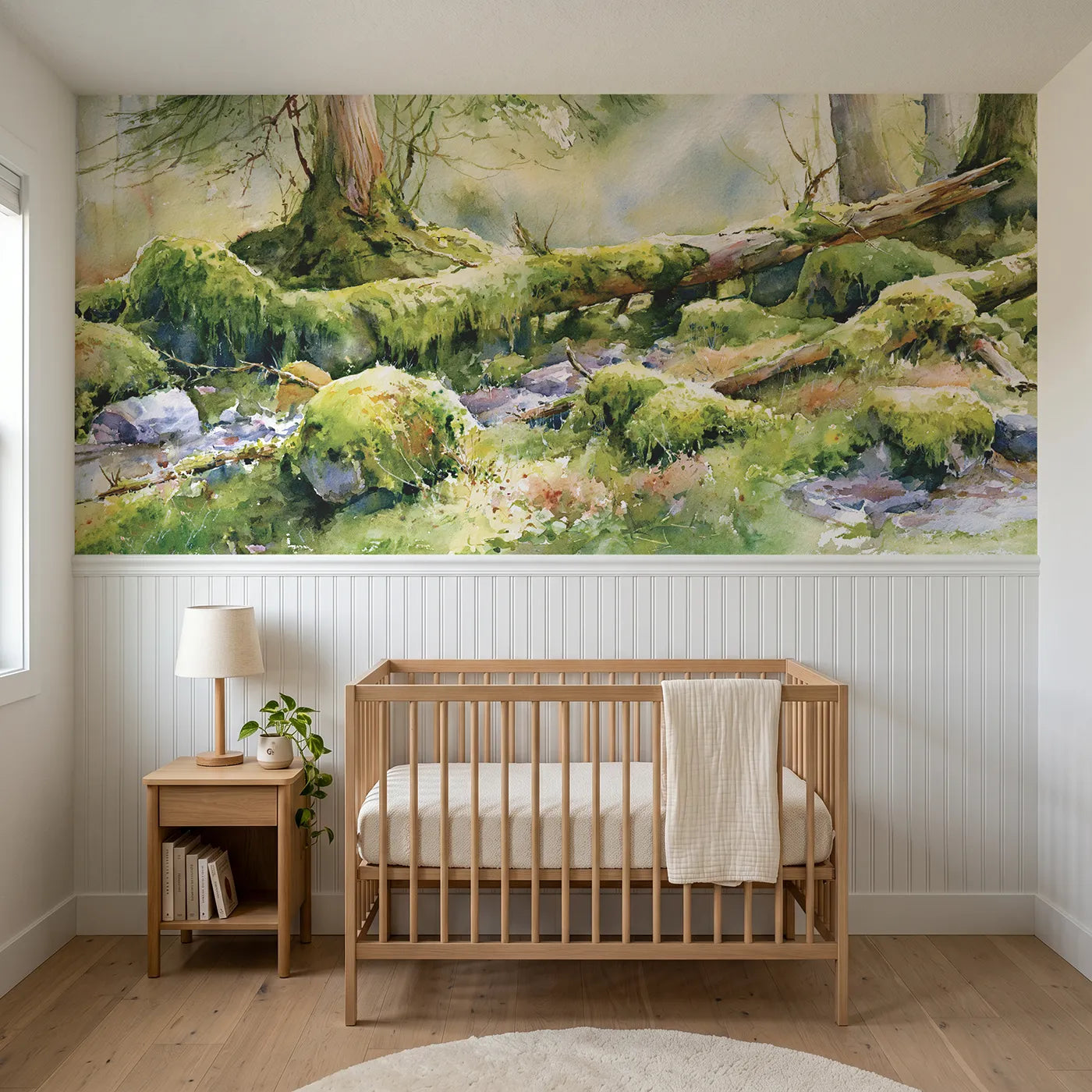 Watercolor wainscoting wallpaper of everything wearing moss by Whimsy Tots
