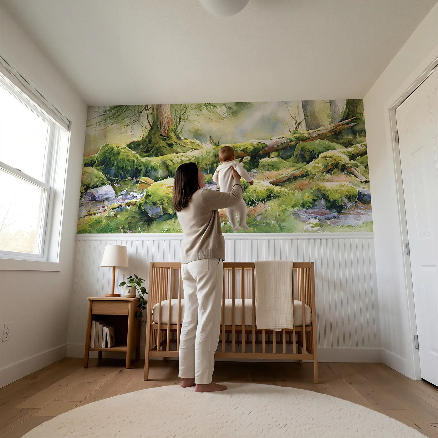 Child reading near Everything Wearing Moss Wainscoting Wallpaper by Whimsy Tots