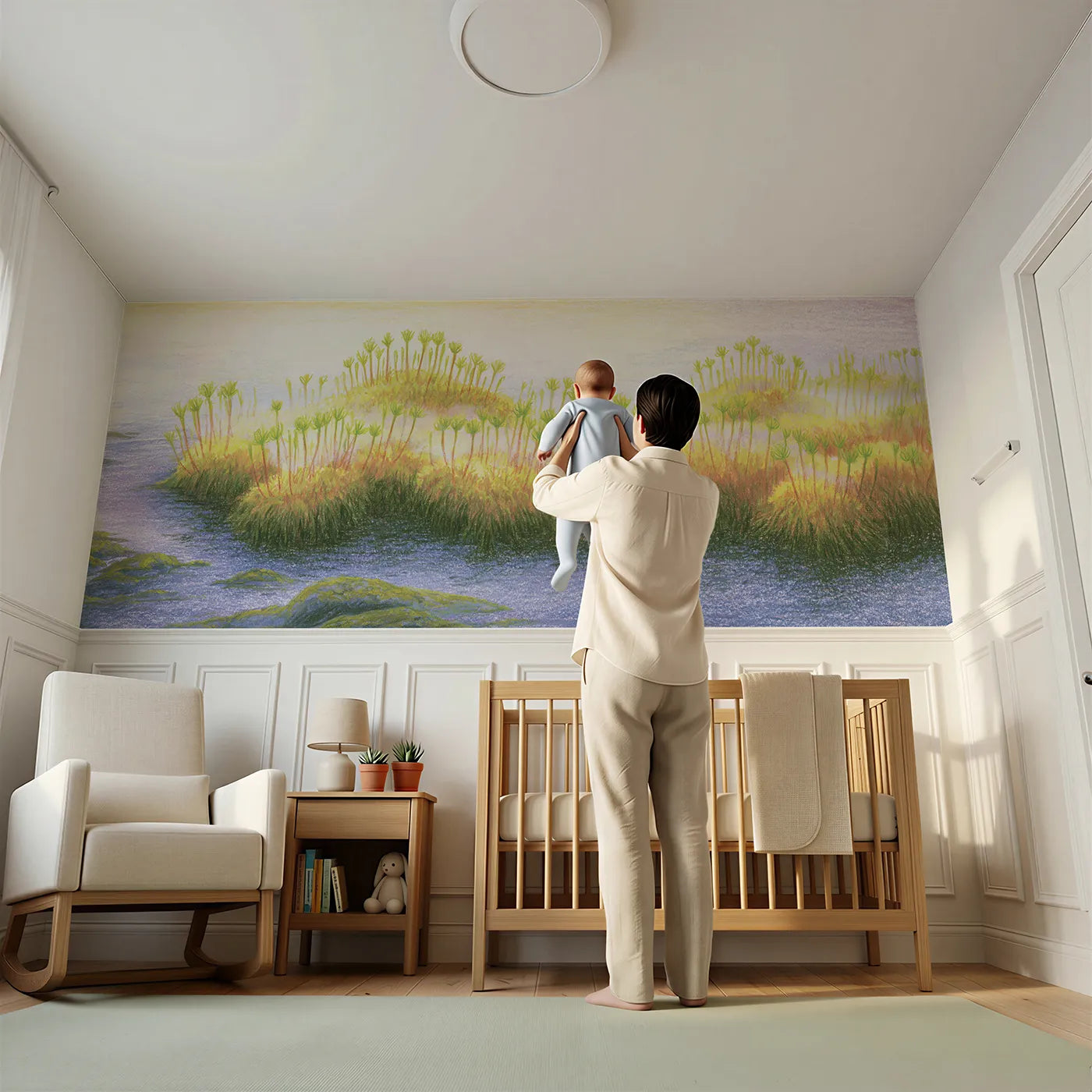 Child reading near The Tiny Forest Wainscoting Wallpaper by Whimsy Tots