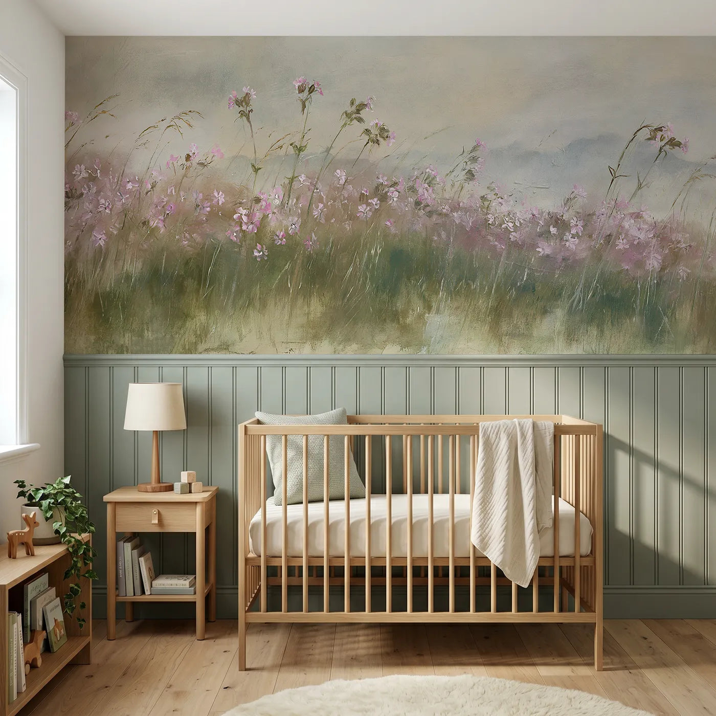 Watercolor wainscoting wallpaper of crowding the cottage edge by Whimsy Tots
