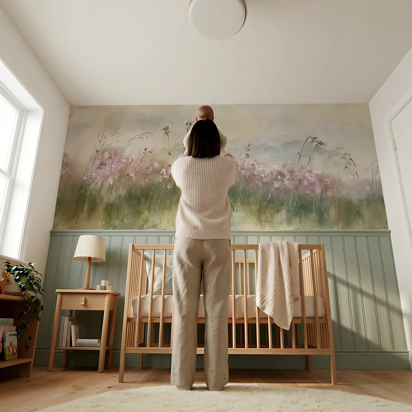 Child reading near Crowding The Cottage Edge Wainscoting Wallpaper by Whimsy Tots