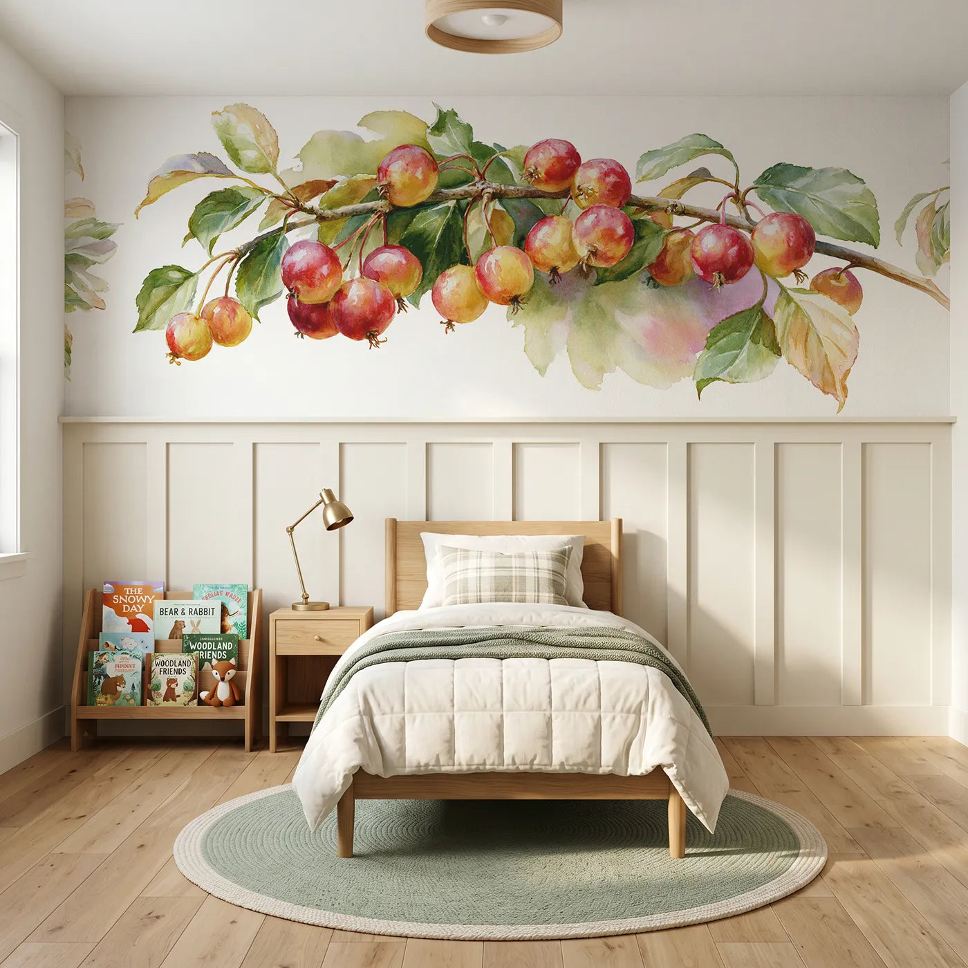 Watercolor wainscoting wallpaper of crab apples small and bright by Whimsy Tots