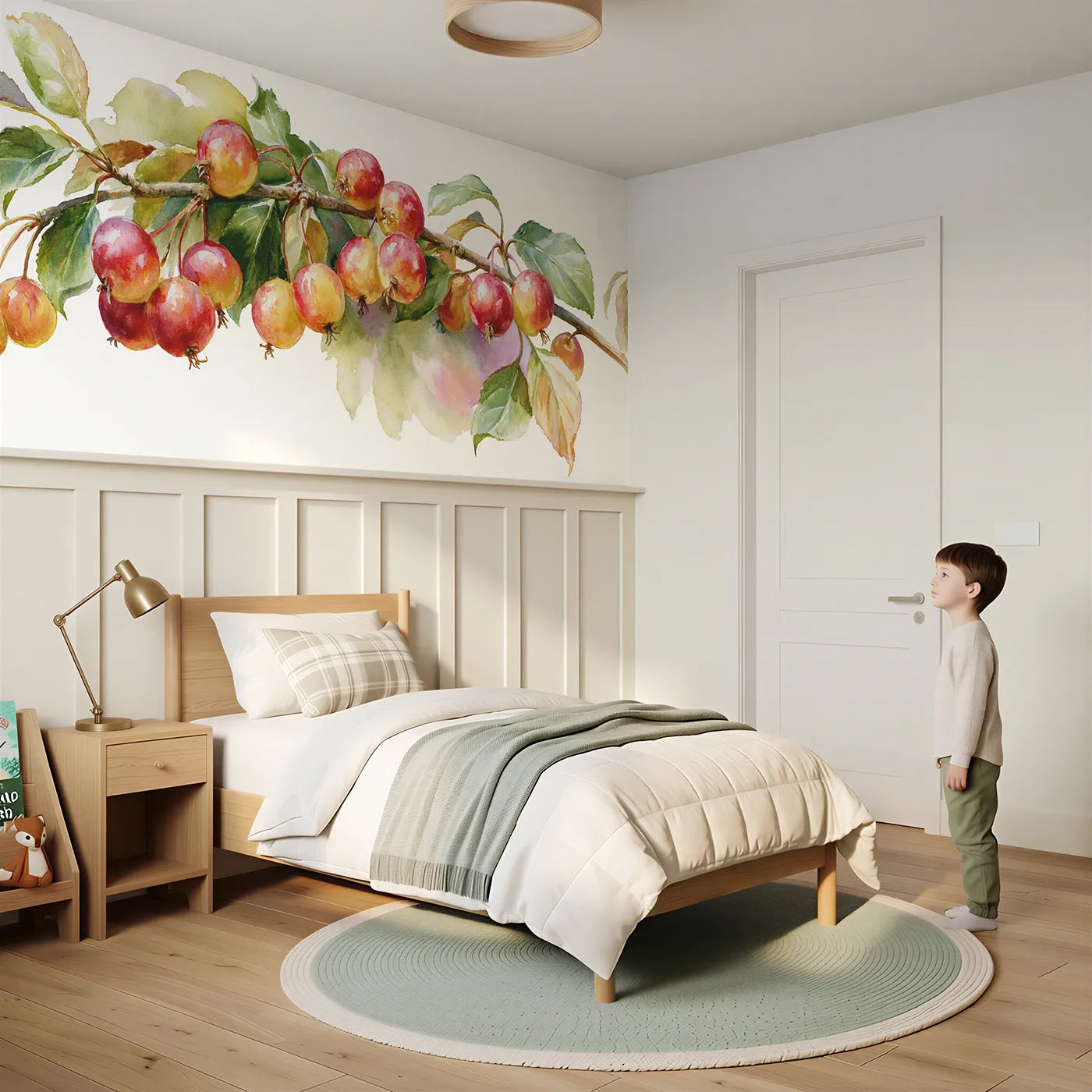 Child reading near Crab Apples Small And Bright Wainscoting Wallpaper by Whimsy Tots