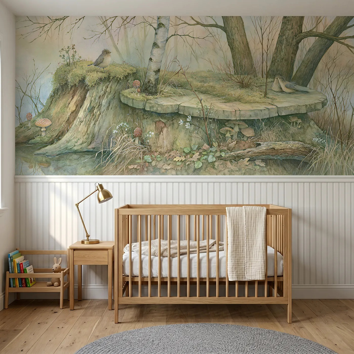 Storybook wainscoting wallpaper of the stump that grew a birch by Whimsy Tots
