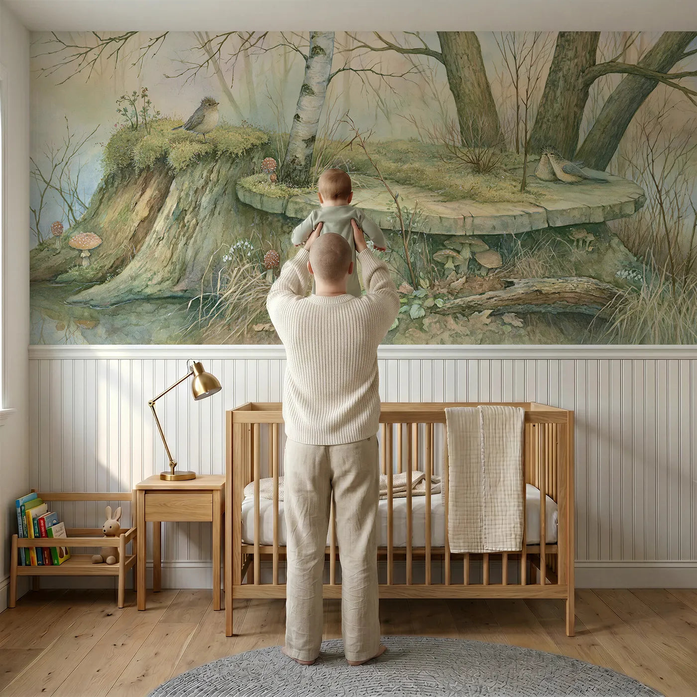 Child reading near The Stump Grew A Birch Wainscoting Wallpaper by Whimsy Tots
