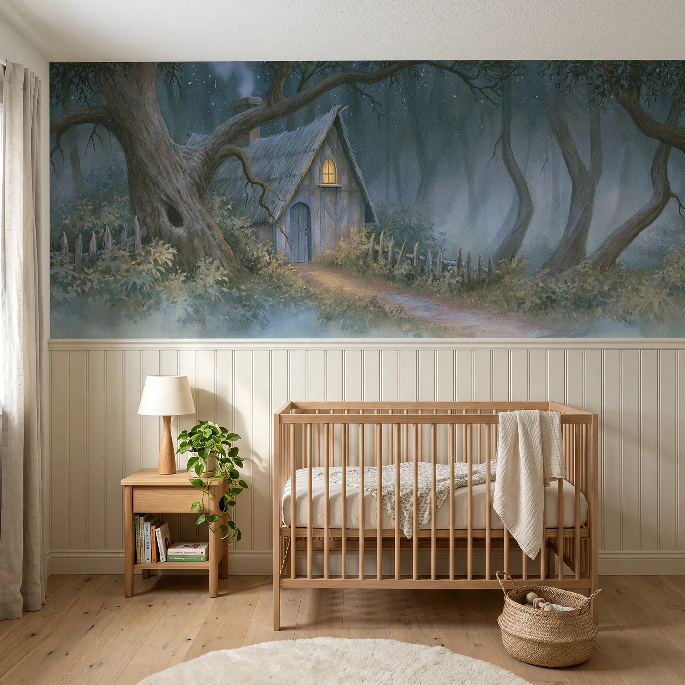 Storybook wainscoting wallpaper of one window in the wood by Whimsy Tots