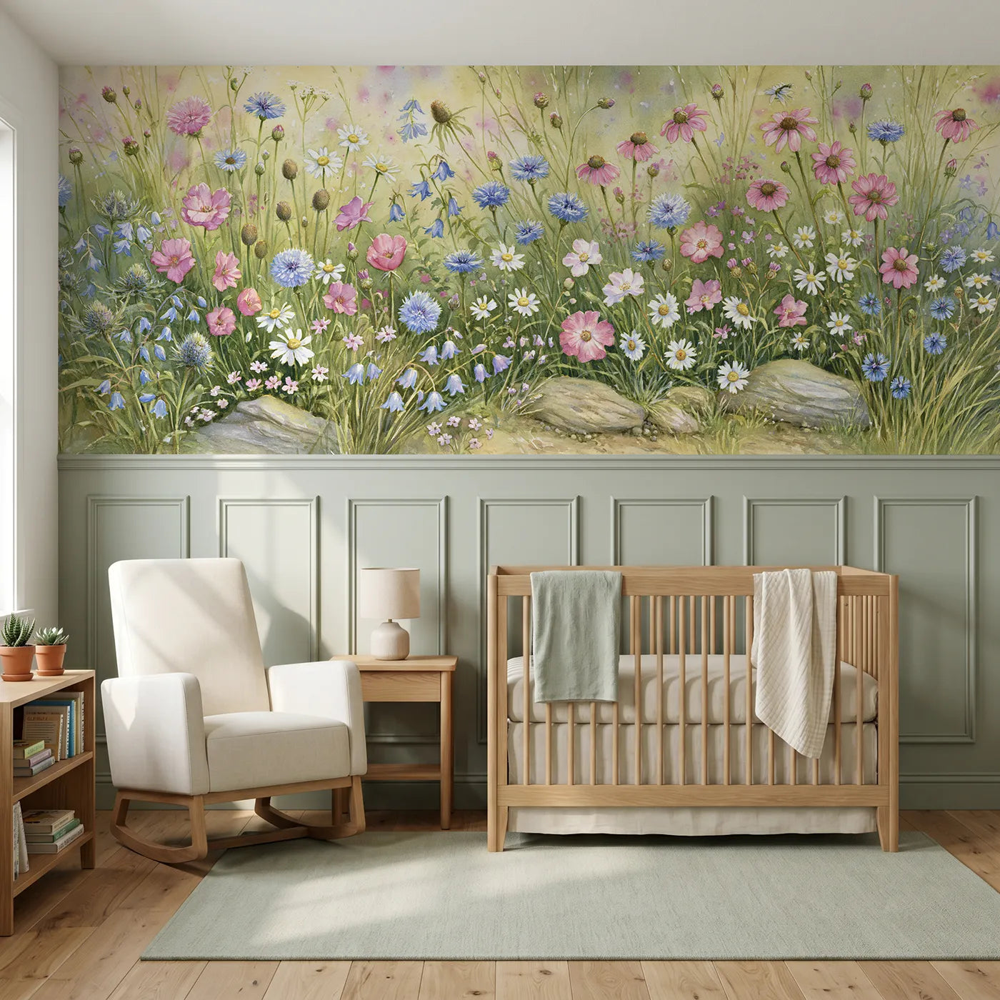 Storybook wainscoting wallpaper of where the garden goes wild by Whimsy Tots