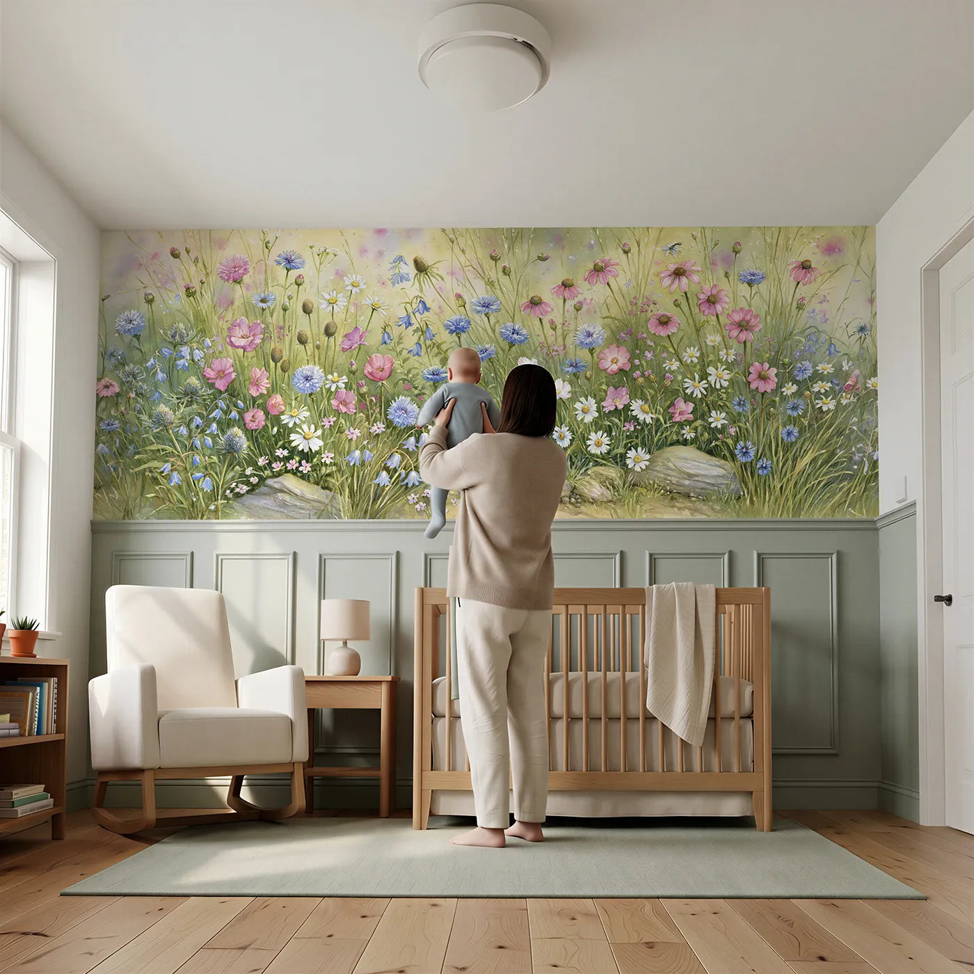 Child reading near Where The Garden Goes Wild Wainscoting Wallpaper by Whimsy Tots