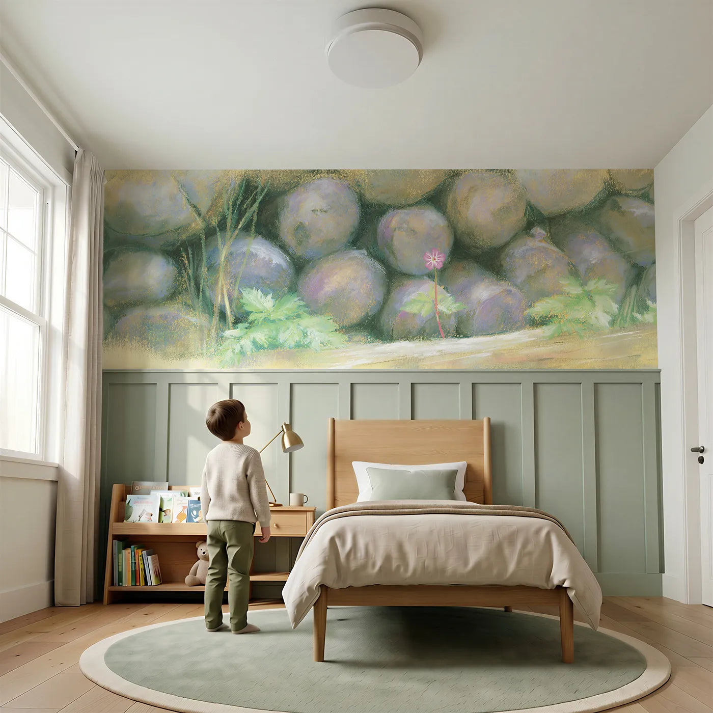 Child reading near Pink In The Woodpile Gap Wainscoting Wallpaper by Whimsy Tots
