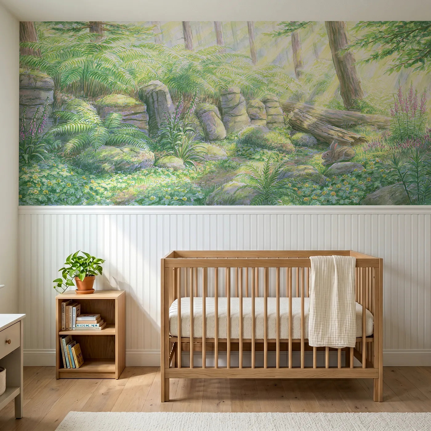 Colored pencil wainscoting wallpaper of the sunlit fern glade by Whimsy Tots