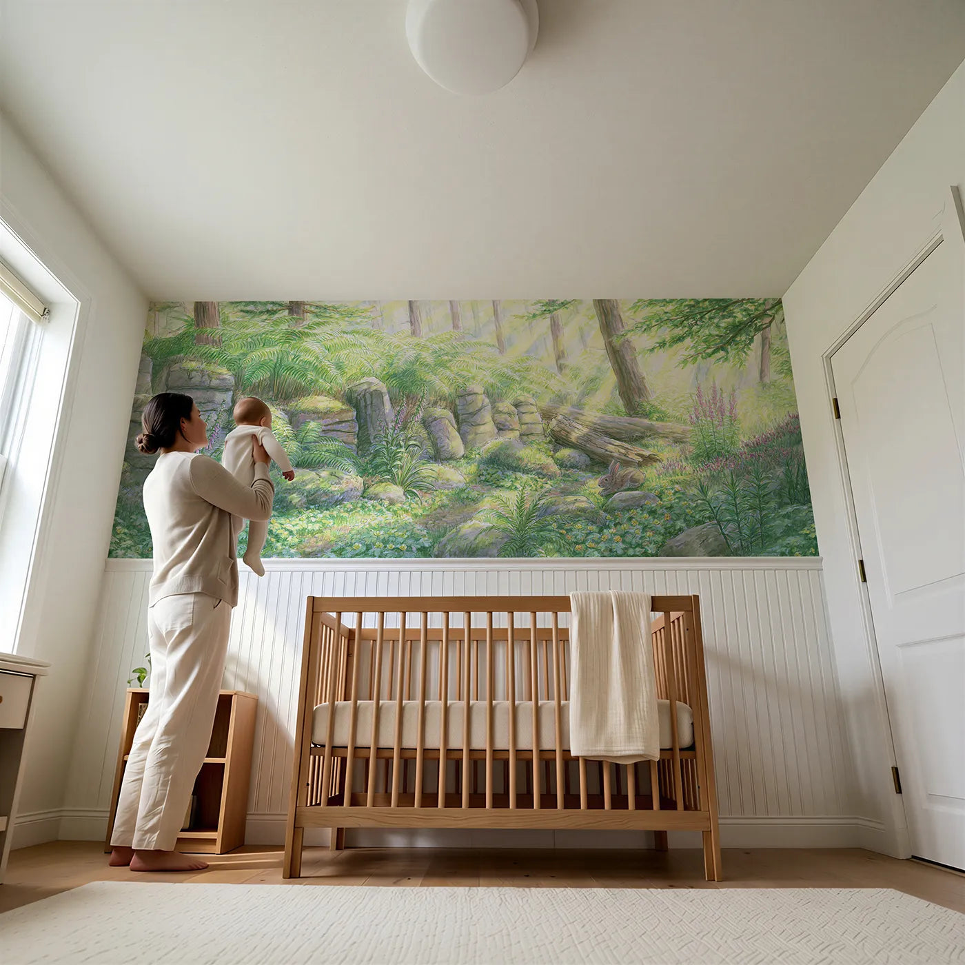 Child reading near The Sunlit Fern Glade Wainscoting Wallpaper by Whimsy Tots