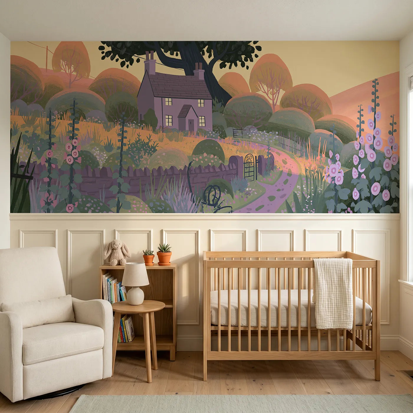 Modern illustration wainscoting wallpaper of the folk cottage by Whimsy Tots