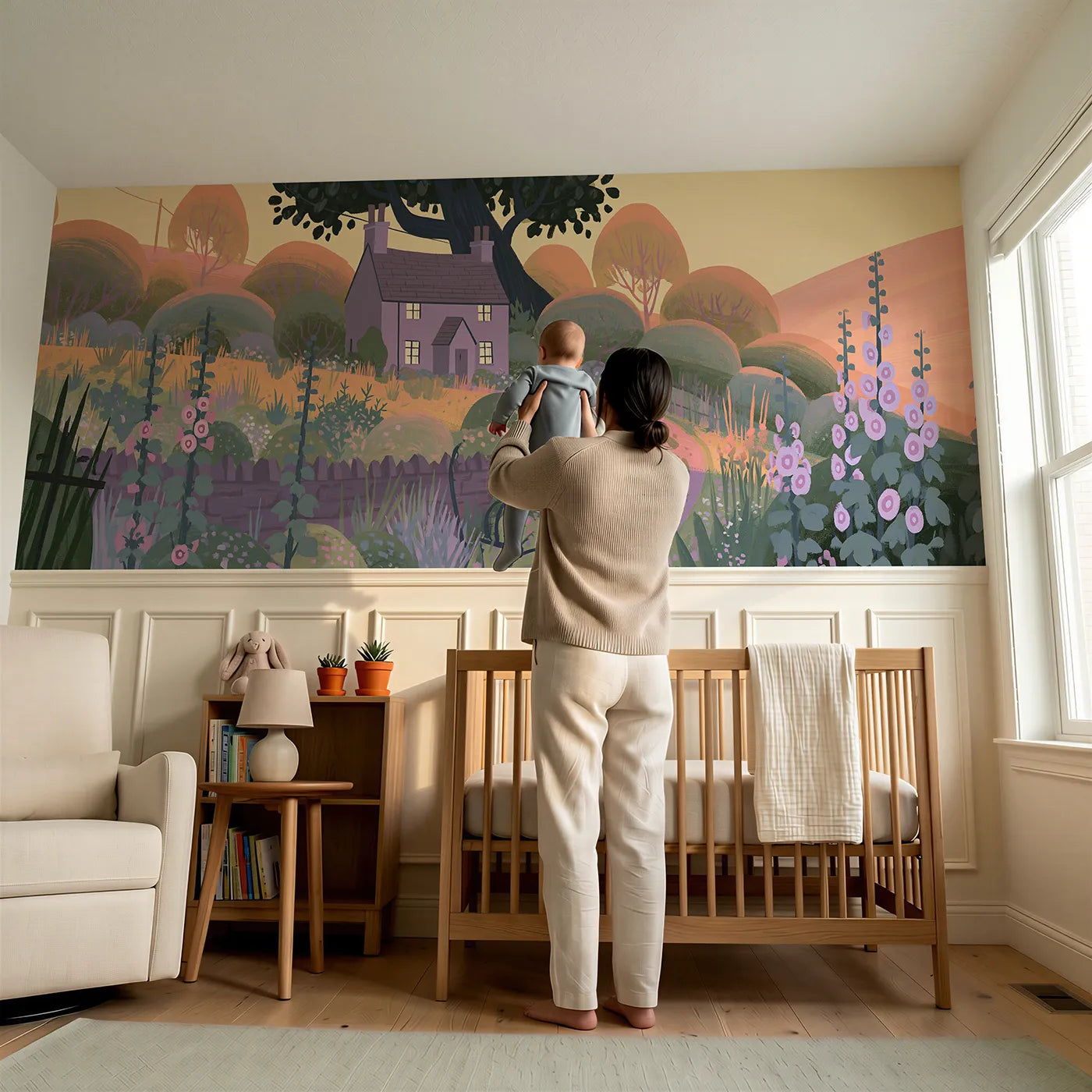 Child reading near The Folk Cottage Wainscoting Wallpaper by Whimsy Tots