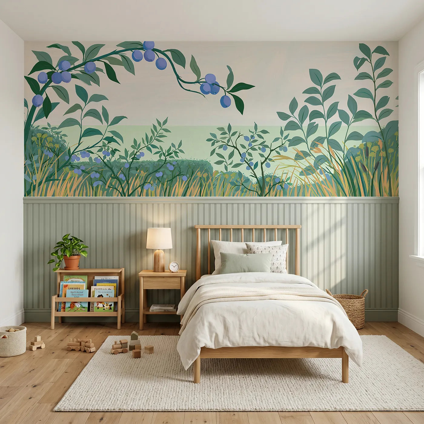 Modern illustration wainscoting wallpaper of the folk plum branch by Whimsy Tots