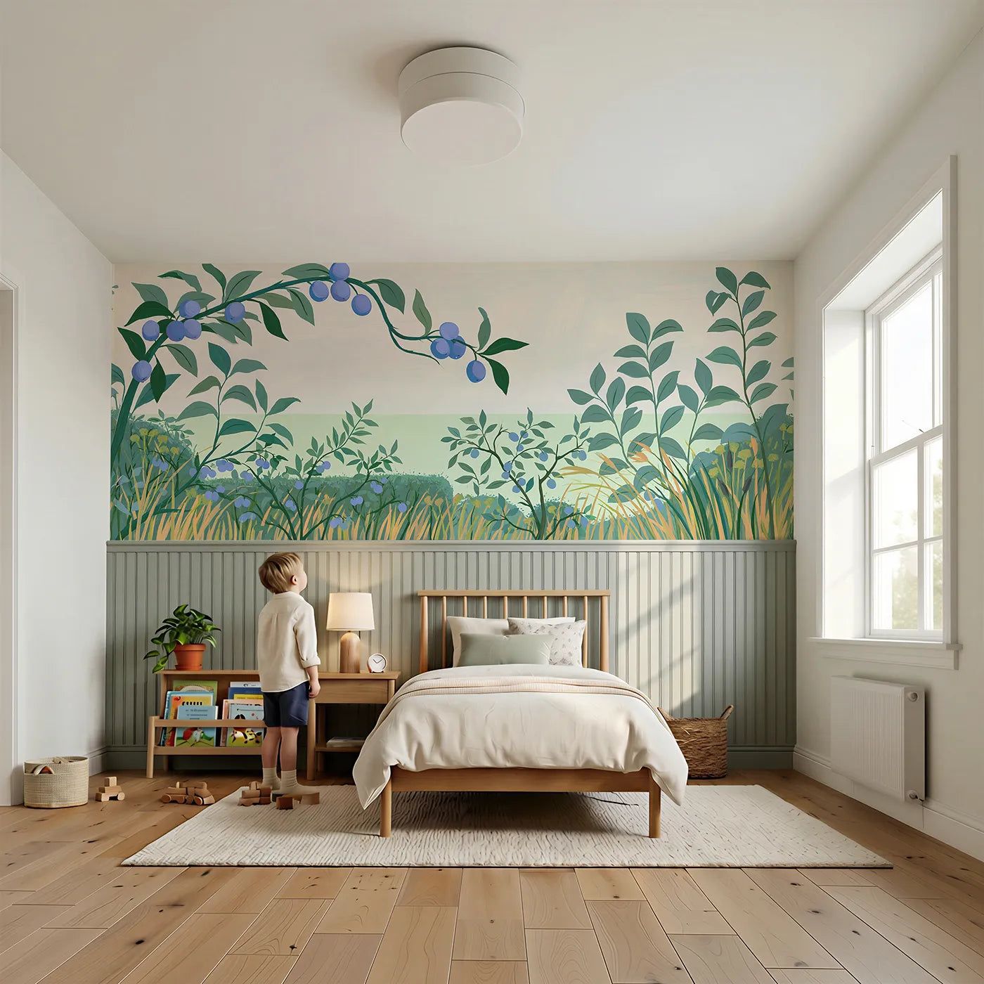 Child reading near The Folk Plum Branch Wainscoting Wallpaper by Whimsy Tots