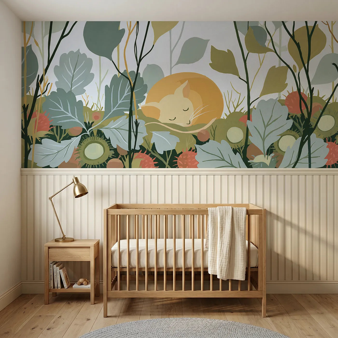 Modern illustration wainscoting wallpaper of the folk dormouse curled by Whimsy Tots