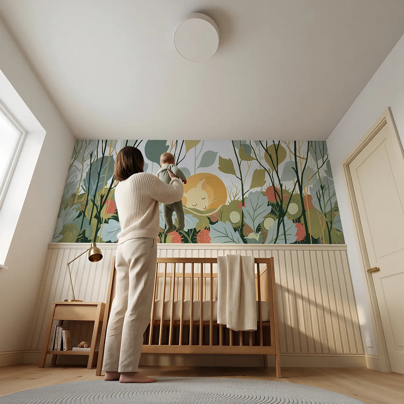 Child reading near The Folk Dormouse Curled Wainscoting Wallpaper by Whimsy Tots