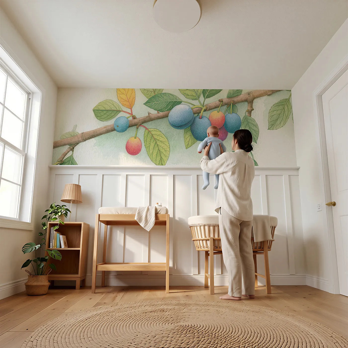 Child reading near The Dusty Blue Coat Wainscoting Wallpaper by Whimsy Tots