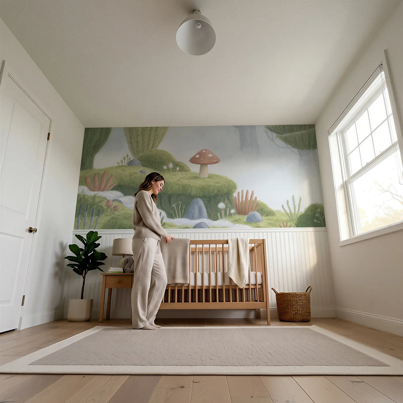 Child reading near The Smallest Landscape Wainscoting Wallpaper by Whimsy Tots