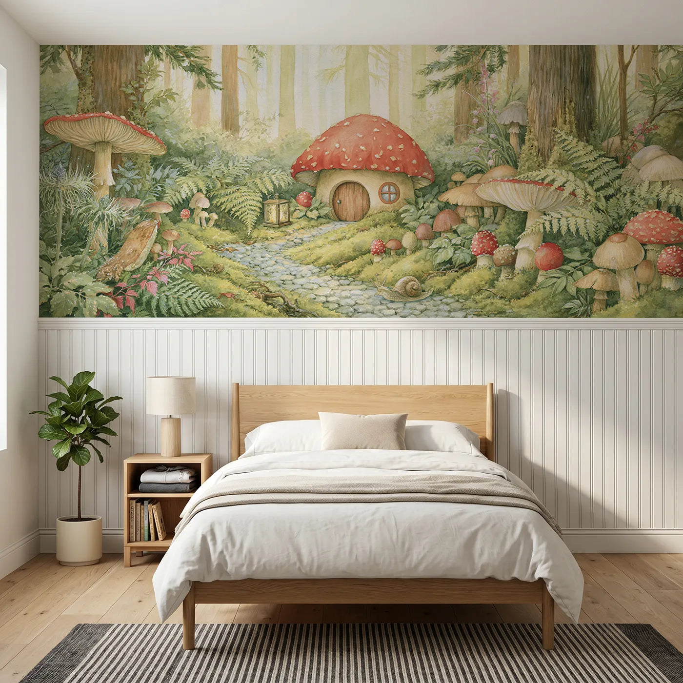 Storybook wainscoting wallpaper of the mushroom house by Whimsy Tots