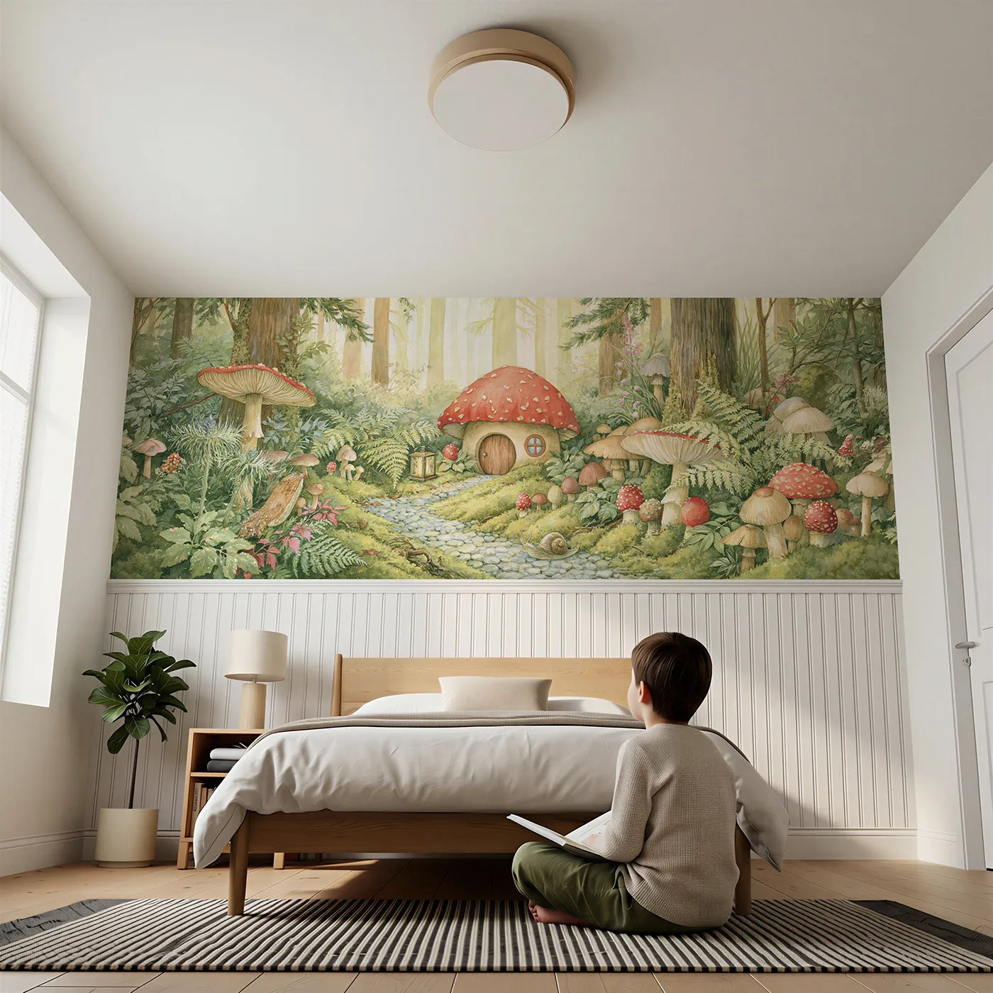 Child reading near The Mushroom House Wainscoting Wallpaper by Whimsy Tots