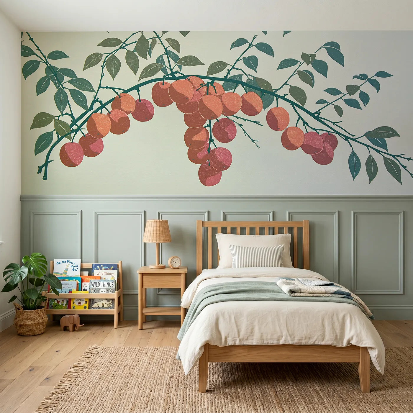 Block print wainscoting wallpaper of the carved plum spray by Whimsy Tots