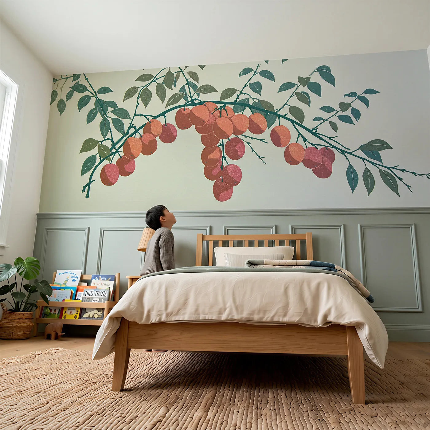 Child reading near The Carved Plum Spray Wainscoting Wallpaper by Whimsy Tots